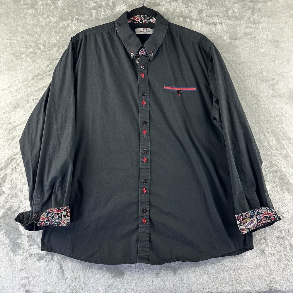 Paul Jones Button Down Shirt Men's XL Black Paisley Flip Cuff Long Sleeve